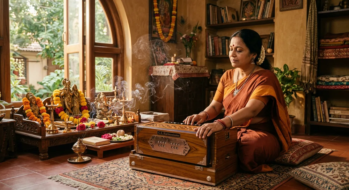Kabir Amritwani on harmonium — a musician playing a devotional bhajan in a calm, warmly lit room