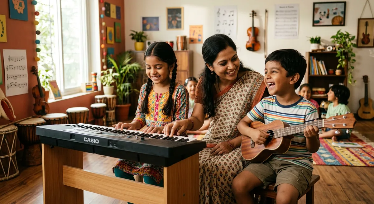 Children's music class in Jalandhar — young learners at a keyboard and ukulele with a kind teacher guiding