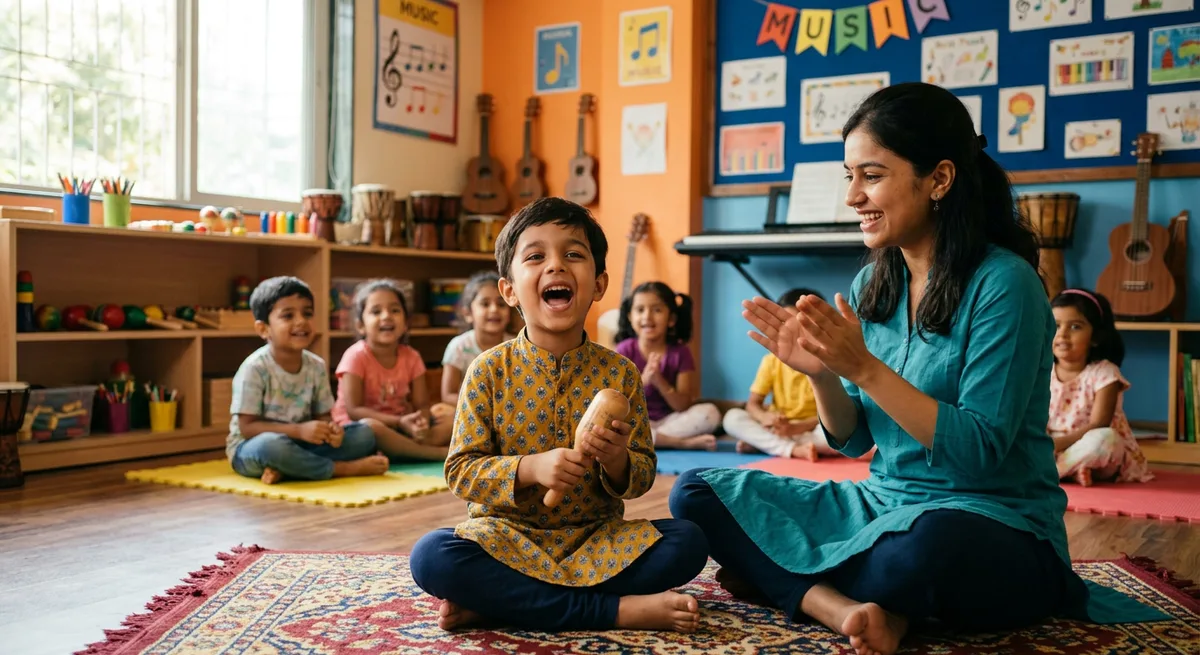 A happy child singing in a cheerful music class while the teacher claps the rhythm