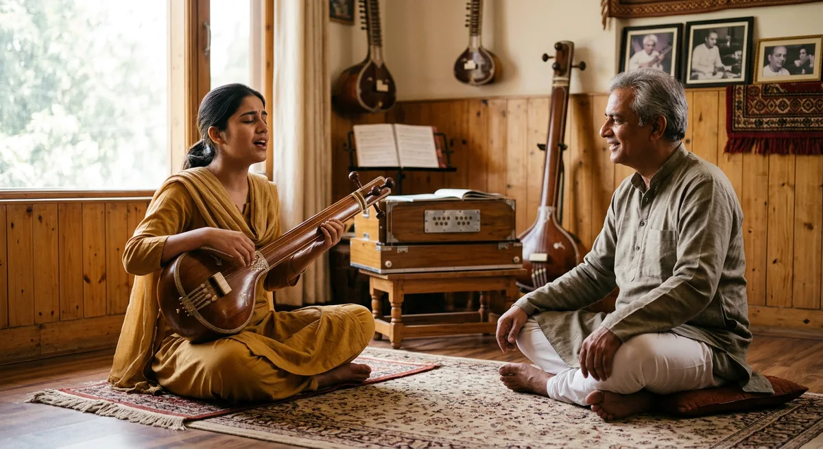 A focused student practising with a teacher in a warm Jalandhar studio — tradition and attention in balance