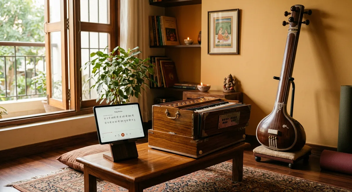 Tradition and technology together — a tanpura and harmonium beside a tablet in a warm Indian home studio