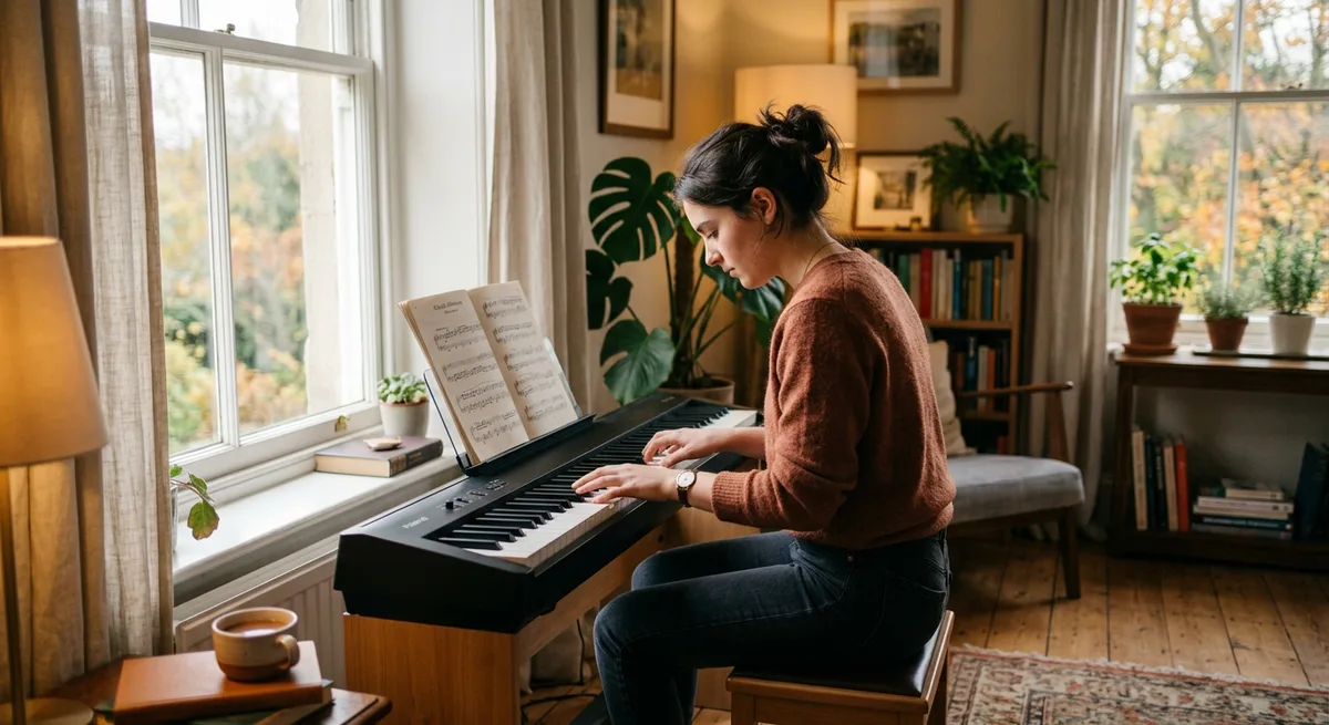 A student in deep, sustained keyboard practice in a quiet room with soft window light