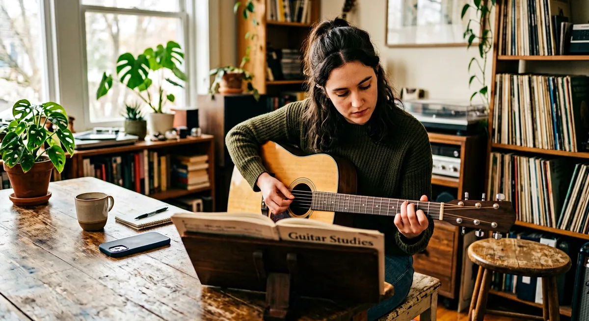 Focus over distraction — a student practising guitar while a phone lies face-down and ignored nearby