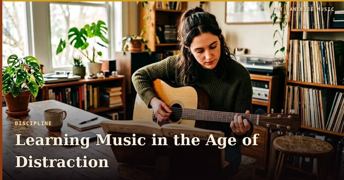 Learning Music in the Age of Distraction — title card with the subtitle “Attention is the instrument”