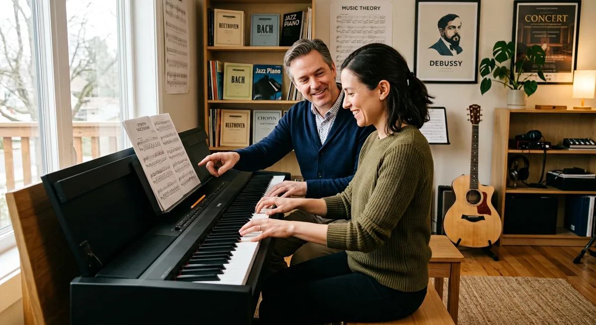 A one-to-one music lesson in progress — a teacher and adult student at a keyboard in the studio