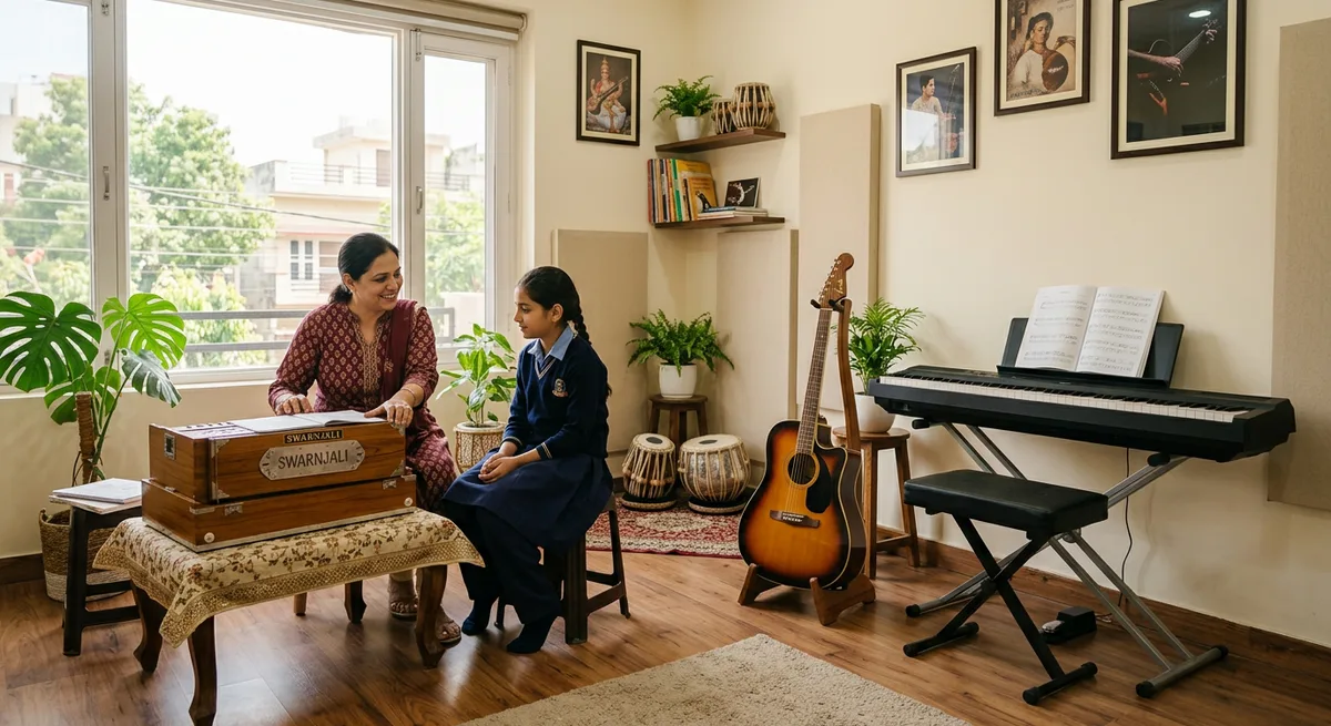 Inside the Jalandhar teaching studio — a guitar, keyboard and harmonium arranged in a warm, welcoming room