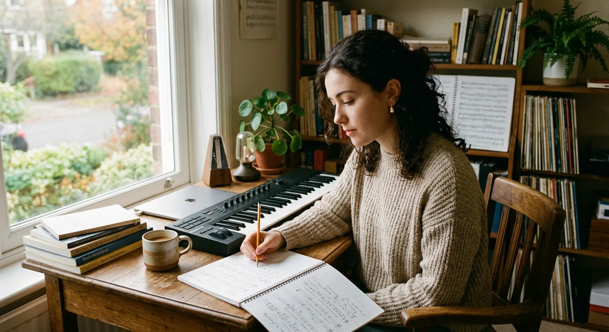 Music theory study — a student at a keyboard with an open notebook of handwritten notes in soft daylight