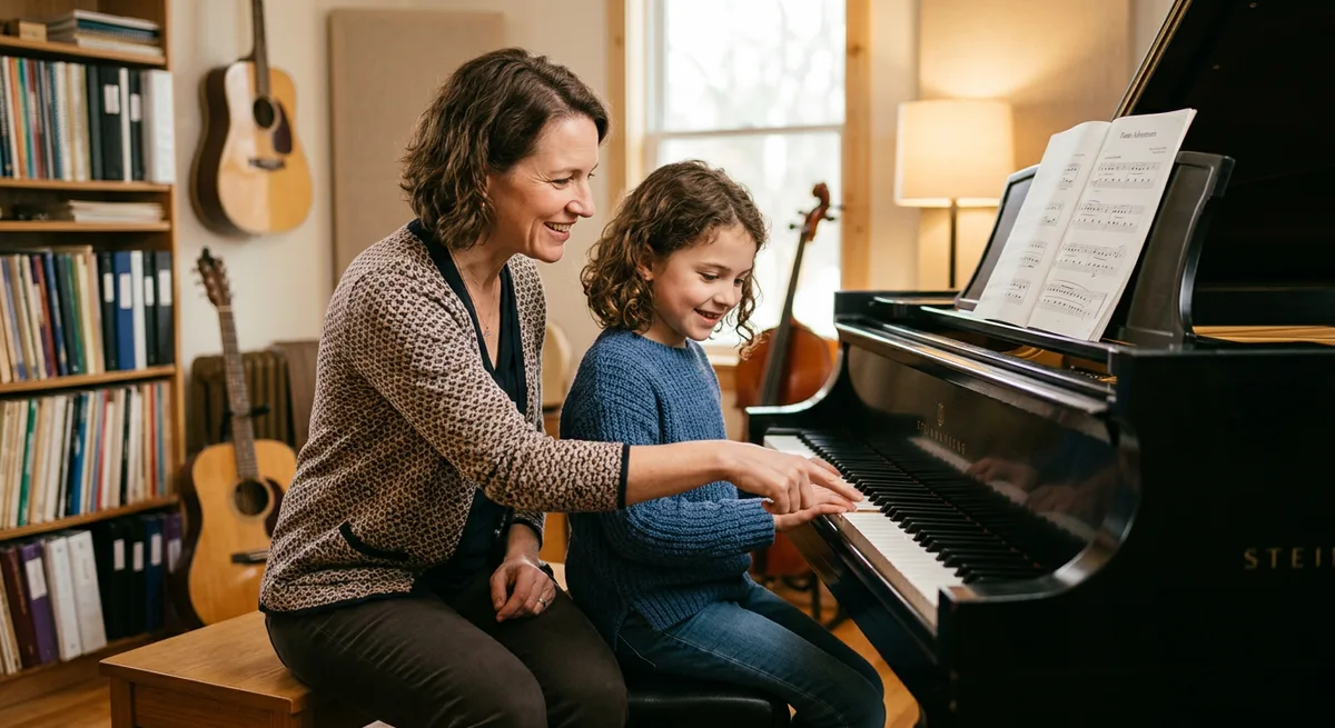 A teacher pointing to piano keys while explaining to a student — theory learned inside repertoire