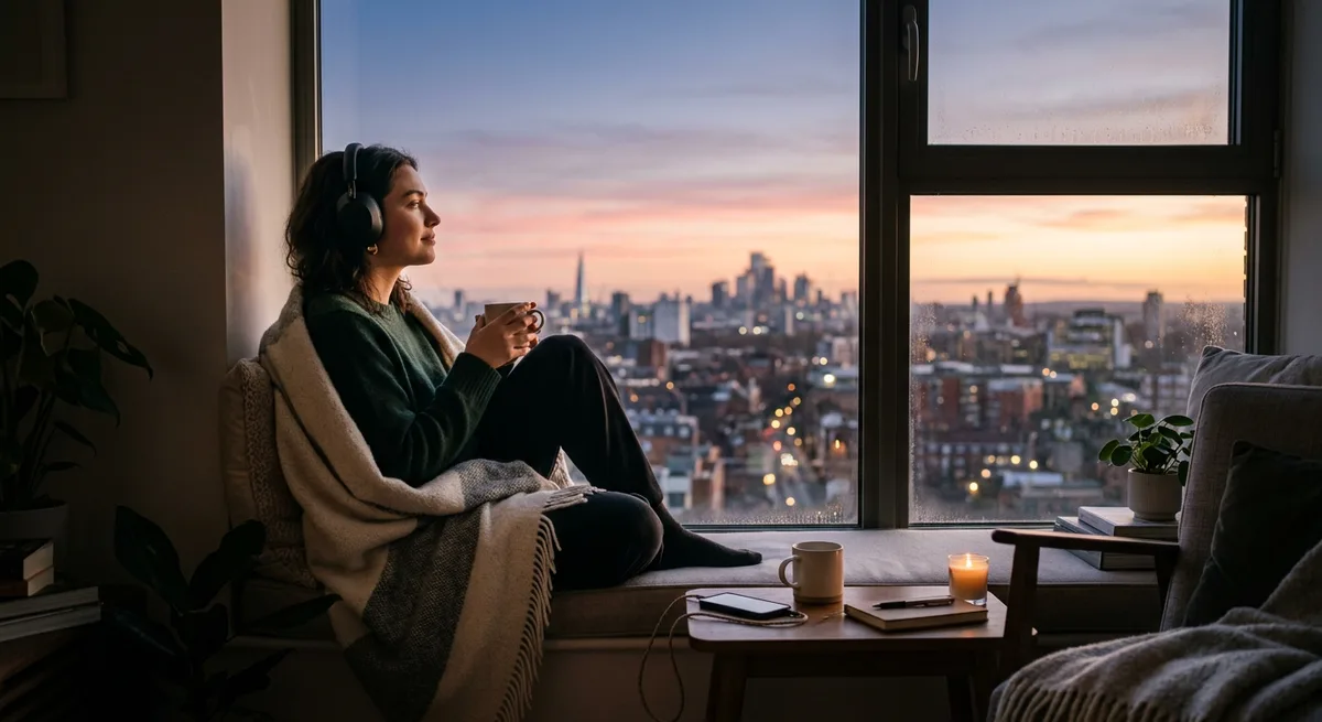A person listening to music through headphones by a window at dawn