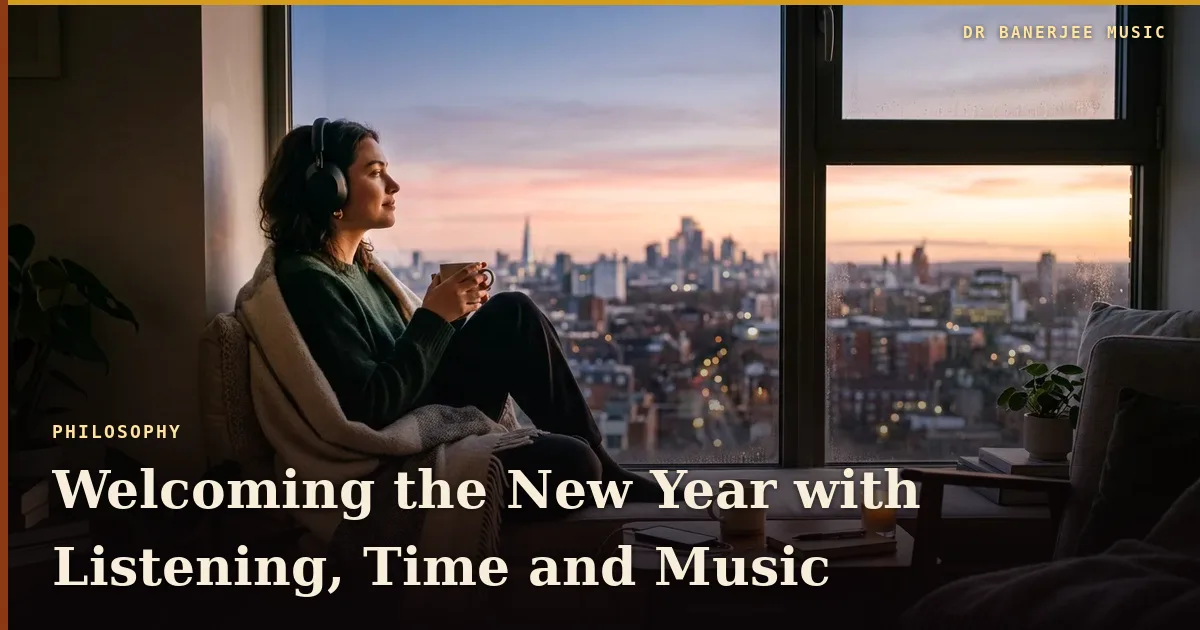 Welcoming the New Year with listening, time and music — article title card in the Dr Banerjee Music house style