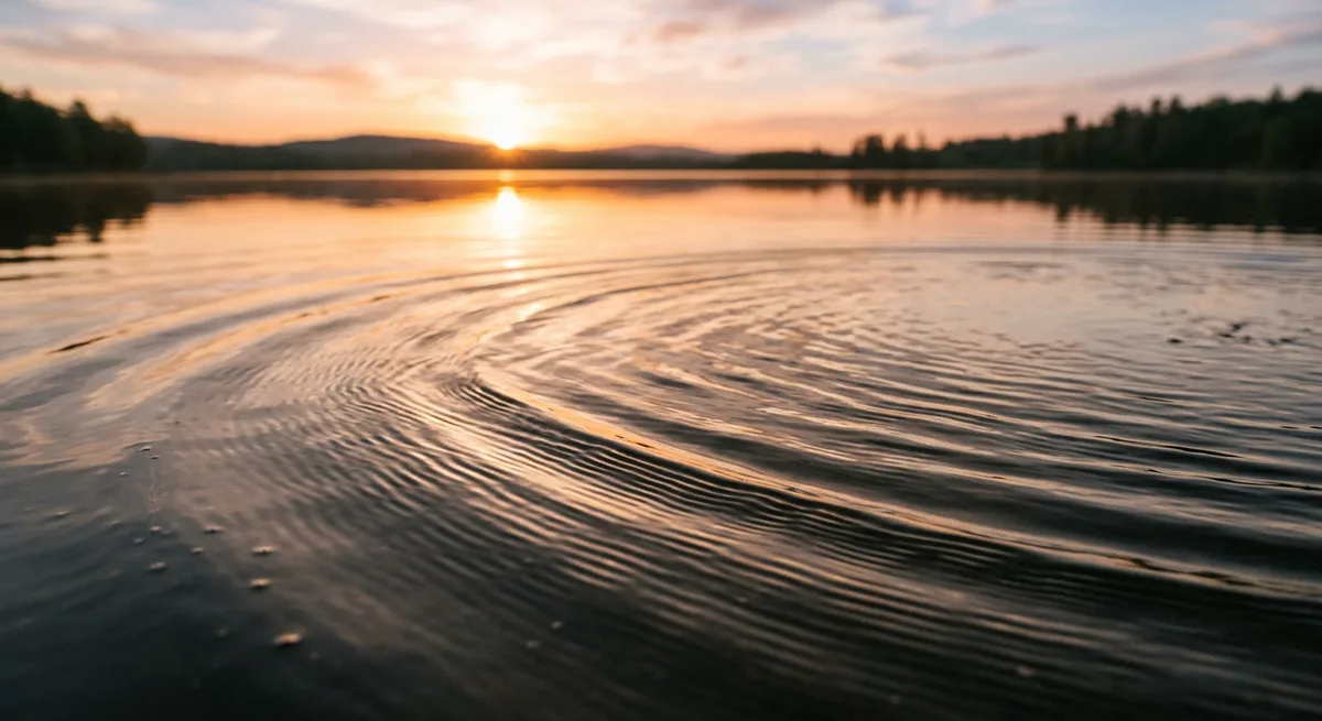 Gentle ripples on water at sunrise, like sound waves flowing forward