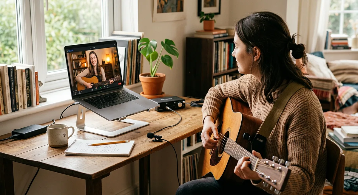 An online music lesson setup at home — a guitar, a laptop on a stand for the video call, a clip-on mic and good lighting