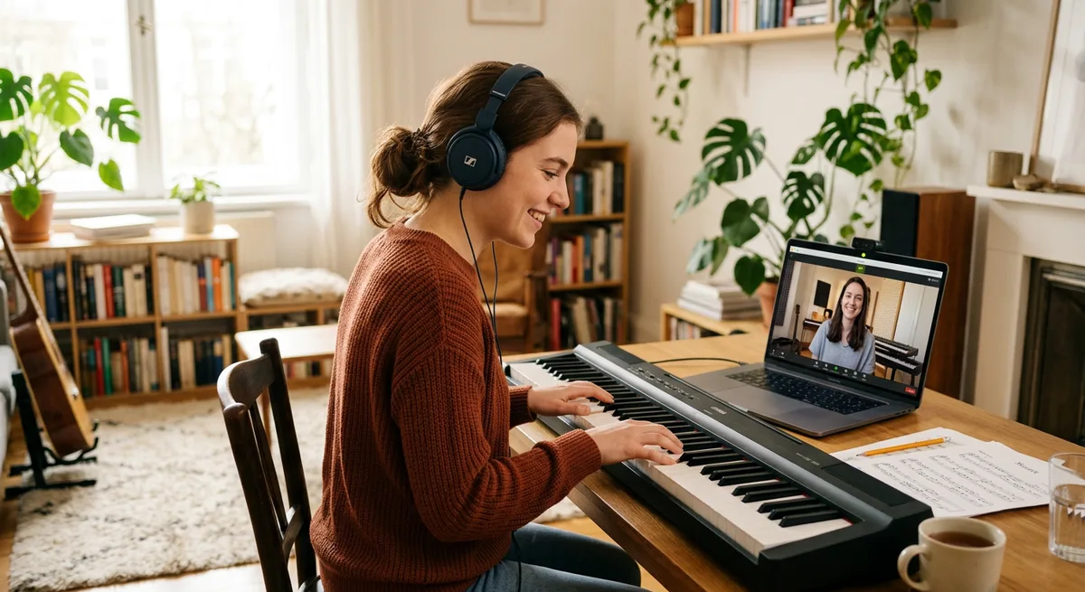 A student taking an online music lesson at a keyboard, facing the laptop webcam with headphones on