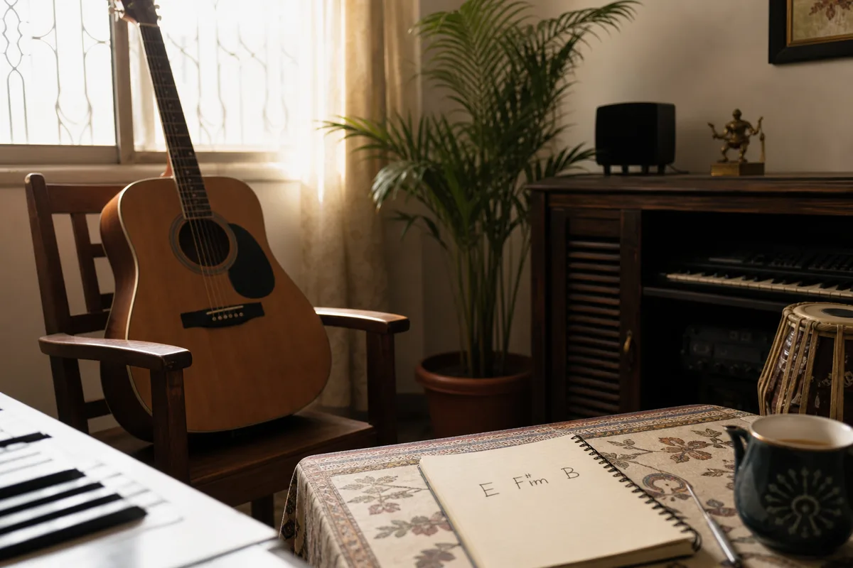 A quiet practice room with guitar and a chord notebook