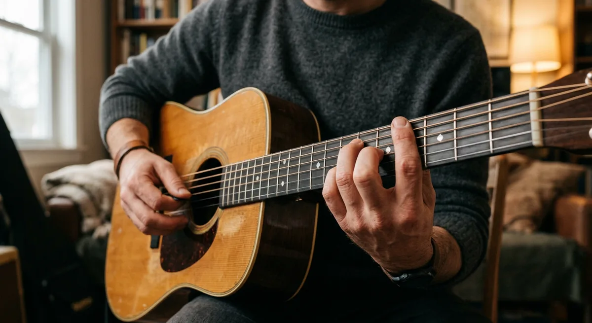 Close view of a guitarist's hands practising chord changes on an acoustic guitar