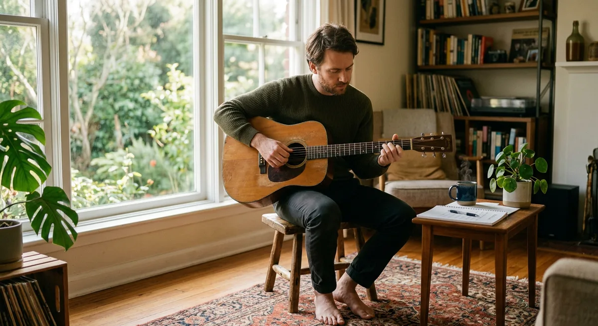 A guitarist in a calm daily home practice routine, morning light through the window