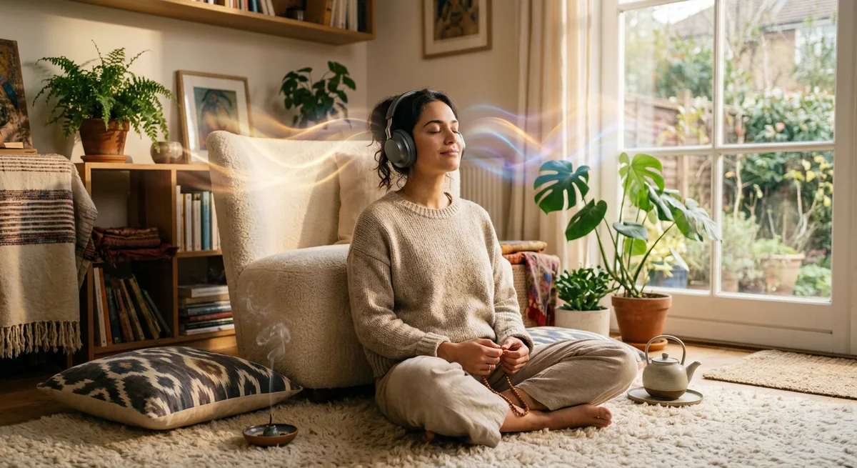Peaceful listener with headphones in a quiet sunlit room — experiencing meditative raga without urgency