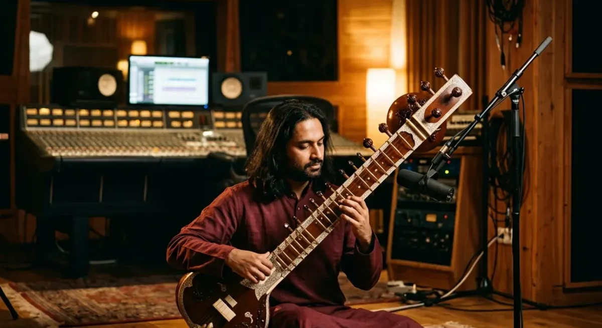 Solo musician in a serene studio at M&M Records, Zurich — instrumental raga recorded as meditation