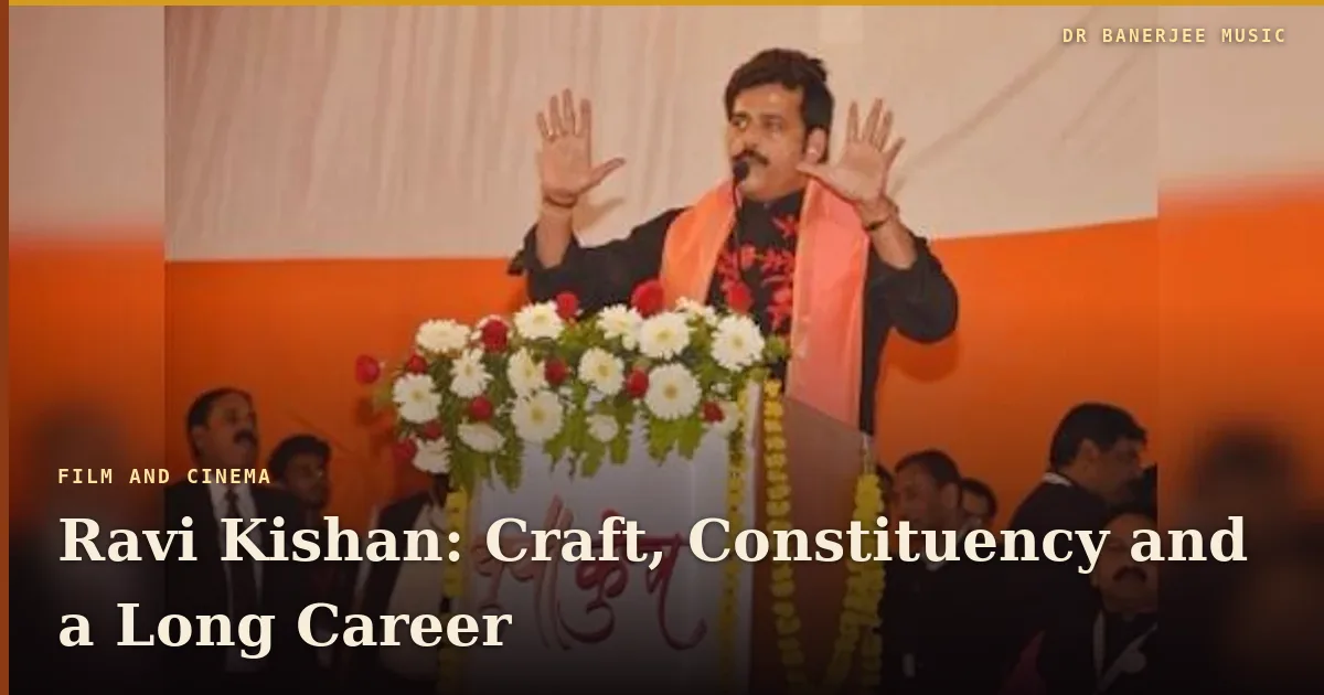 Ravi Kishan, craft and constituency — featured card over the actor-MP addressing a BJP public meeting from a flower-decked podium