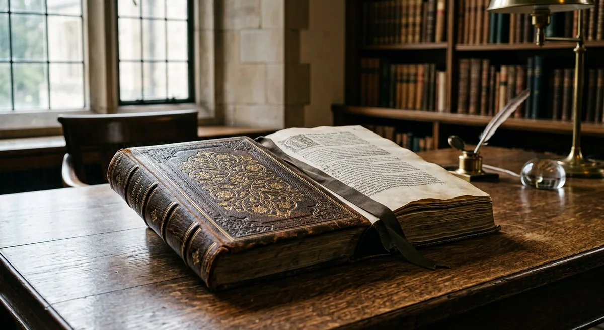 An open book resting on a wooden table in soft window light