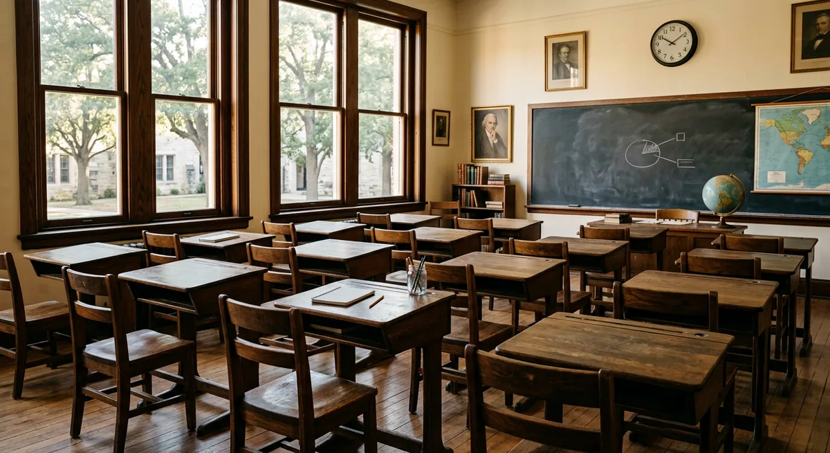 A quiet classroom with empty wooden desks and warm morning light