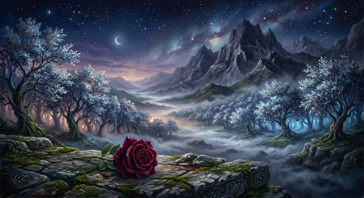 Atmospheric view of Aetherion with silver-leafed trees and a single rose at twilight