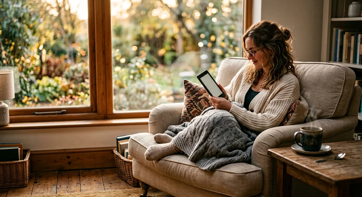 A reader enjoying an e-book on a Kindle-style tablet in a warm armchair by a window at golden hour