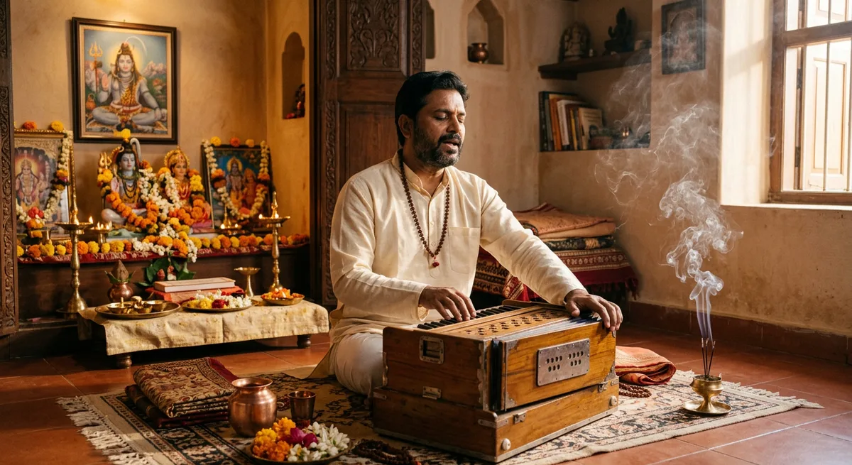 Shivashtakam on harmonium — a musician singing a devotional stuti in a calm, warmly lit space with incense