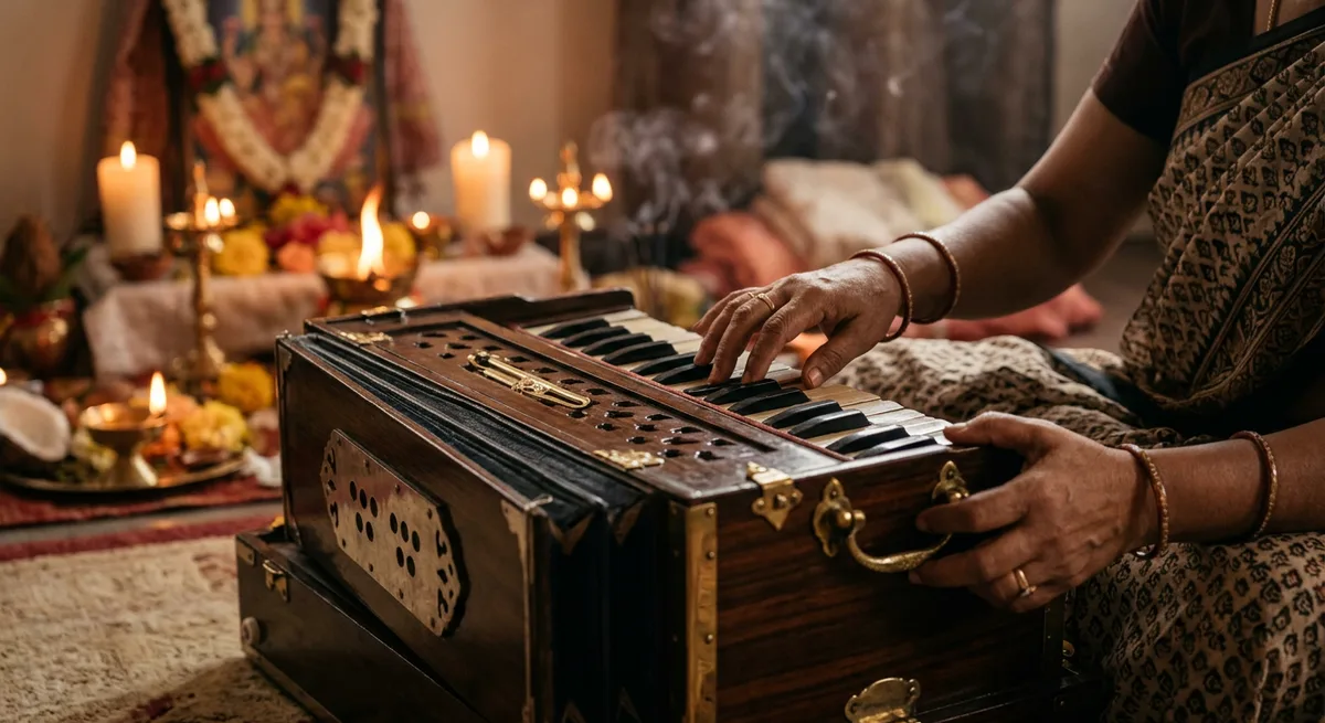 Hands on a harmonium keyboard with bellows — close view for devotional practice