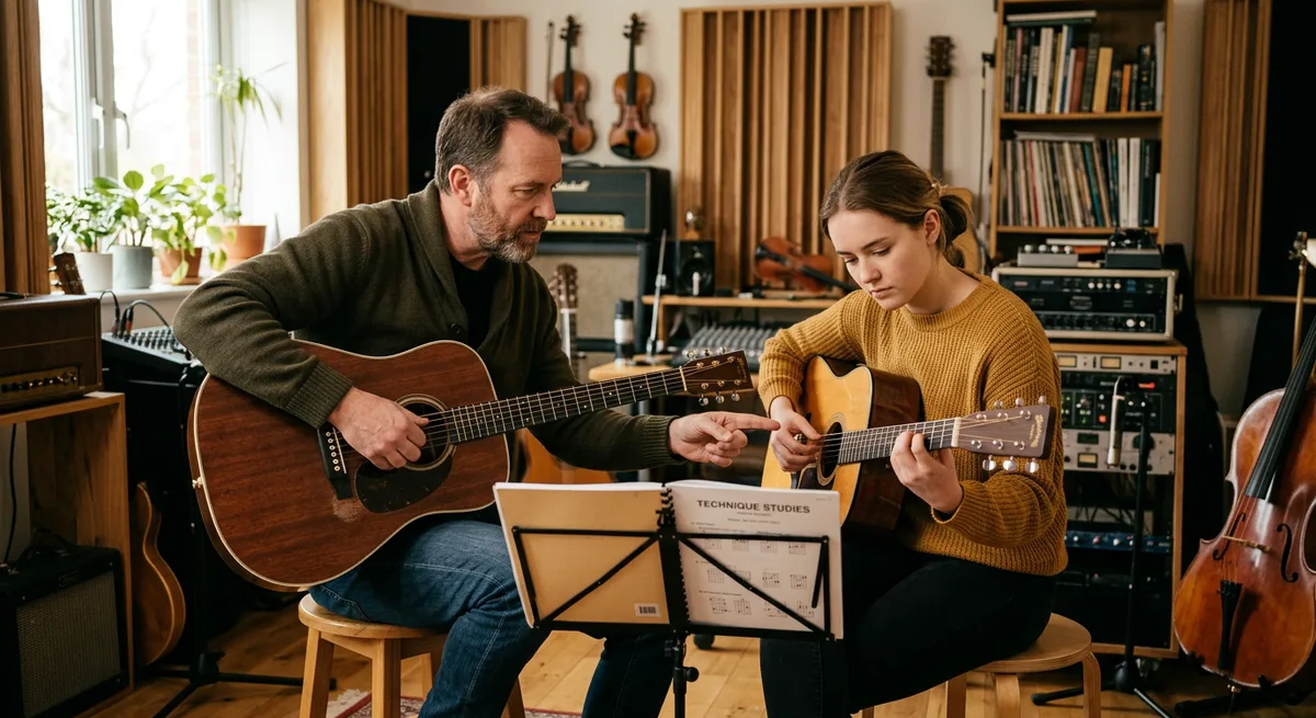 A structured music lesson — a teacher demonstrating a full technique to an attentive student at a guitar