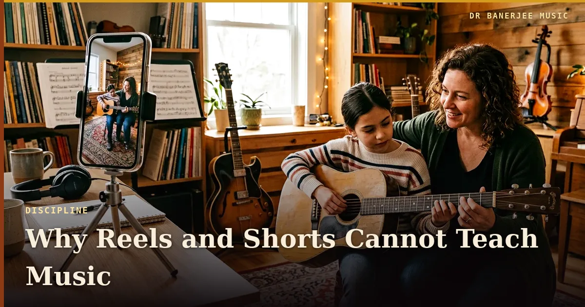 Why Reels and Shorts Cannot Teach Music — title card with the subtitle “Tricks are not a system”