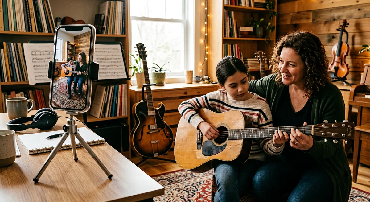 Short-form video beside real teaching — a phone on a tripod showing a vertical clip next to a guitar and a patient teacher