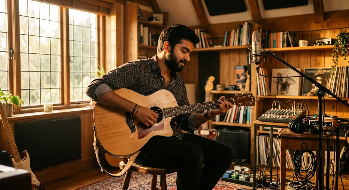 C sharp minor guitar progression practice — a guitarist working through the Tanha Tanha chords in a warm home studio