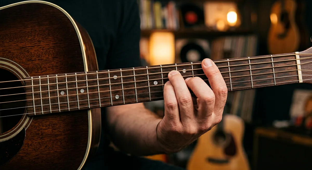 Guitar barre chord technique — a close view of the fretting hand shaping a chord on the fretboard