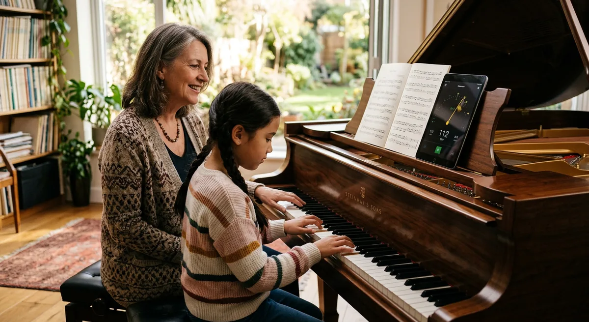 A teacher and student at an acoustic piano with a metronome app on a tablet nearby