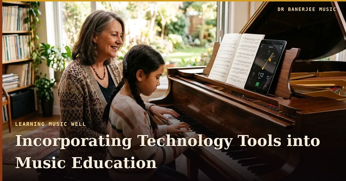 Technology tools in modern music education — article title card in the Dr Banerjee Music house style