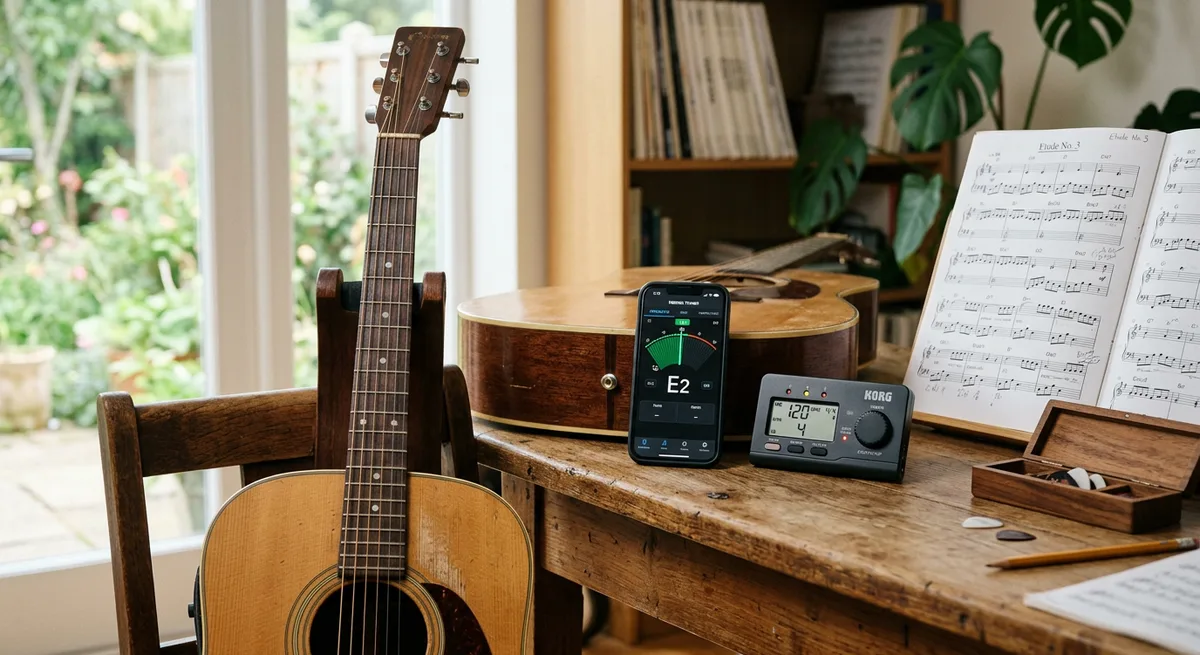 A tuner app and metronome beside an acoustic guitar on a wooden practice desk
