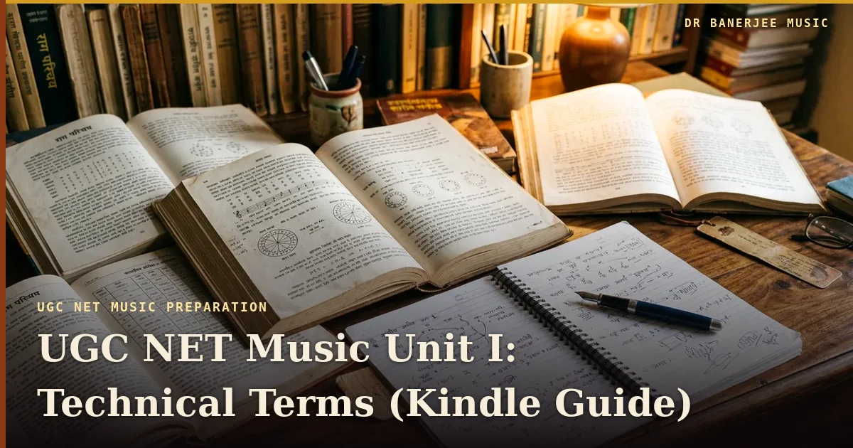 UGC NET Music Unit I technical terms — Kindle study guide title card in the Dr Banerjee Music house style