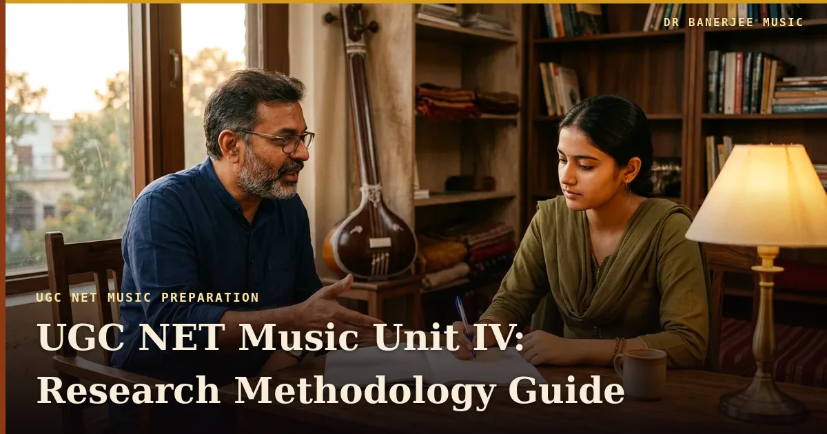 UGC NET Music Unit IV research methodology — Kindle study guide title card in the Dr Banerjee Music house style
