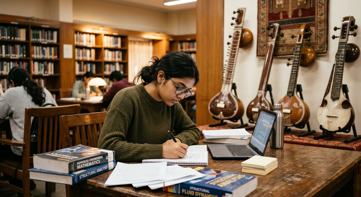 A student studying at a desk with classical Indian instruments in the background