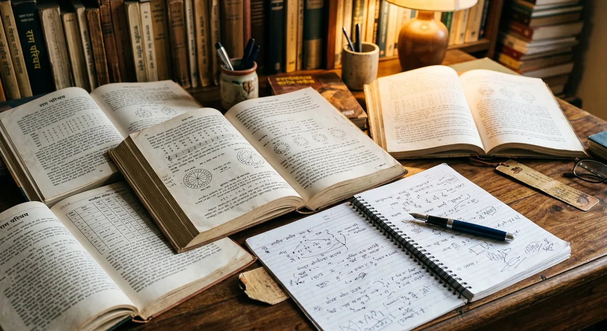 Open Indian classical music theory books with handwritten notes on a study desk