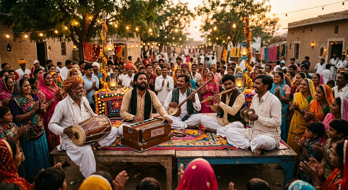 Rural Indian folk musicians performing with traditional instruments at a village gathering