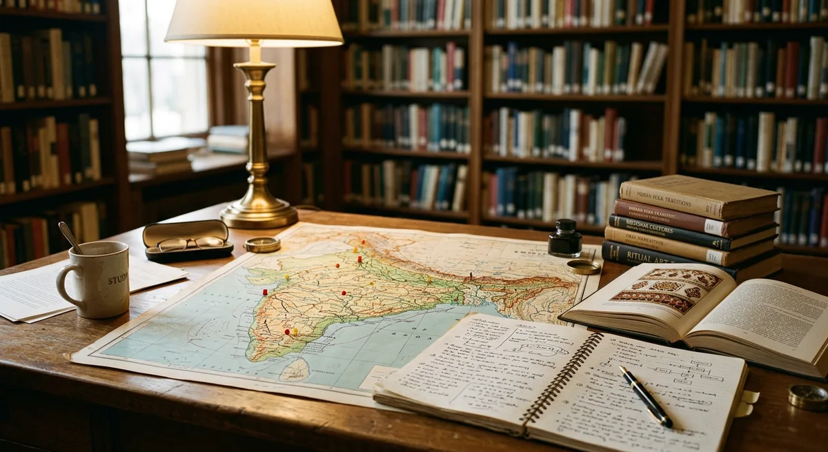 A study desk with a map of India and reference books on regional folk traditions