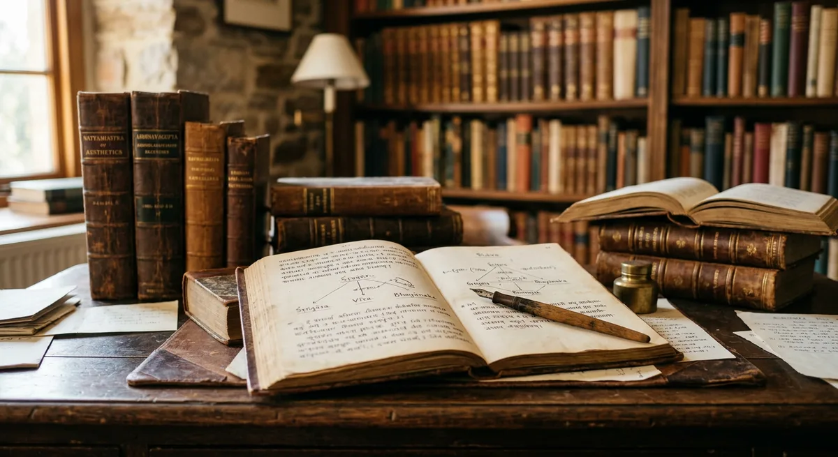 Aesthetics and philosophy books with handwritten notes on a wooden study desk