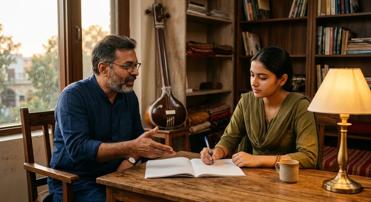 UGC NET Music Unit IV research pedagogy — a teacher and student at a lamp-lit studio desk, notebook open, tanpura behind them