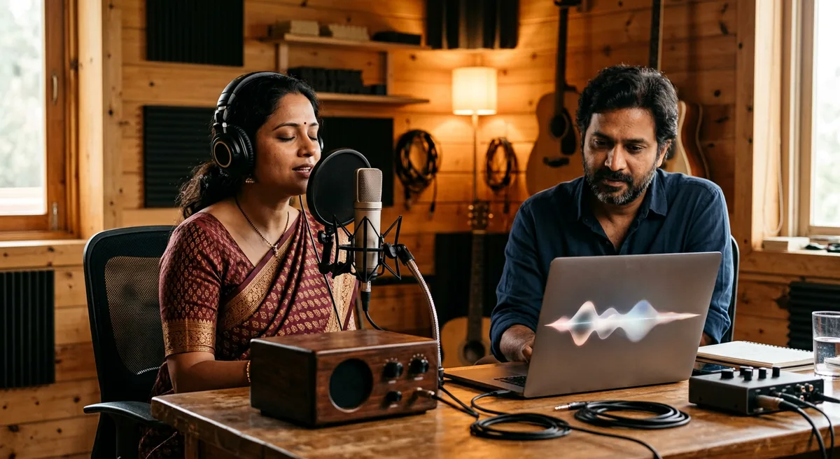 UGC NET Music Unit IV modern technology — a singer in headphones at a studio microphone, a teacher watching a laptop waveform, guitars behind