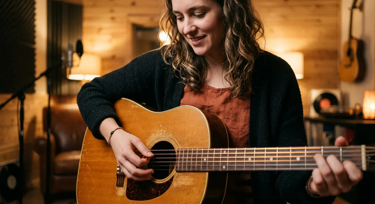 Acoustic guitar strumming close-up — slow, spacious downstroke accompaniment for Vida Karo