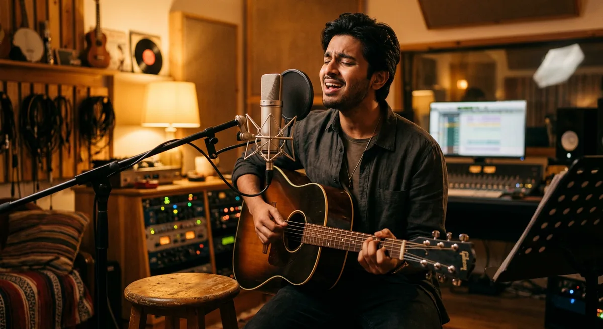 Vida Karo vocal practice — a singer performing a restrained ballad with an acoustic guitar in a warm studio