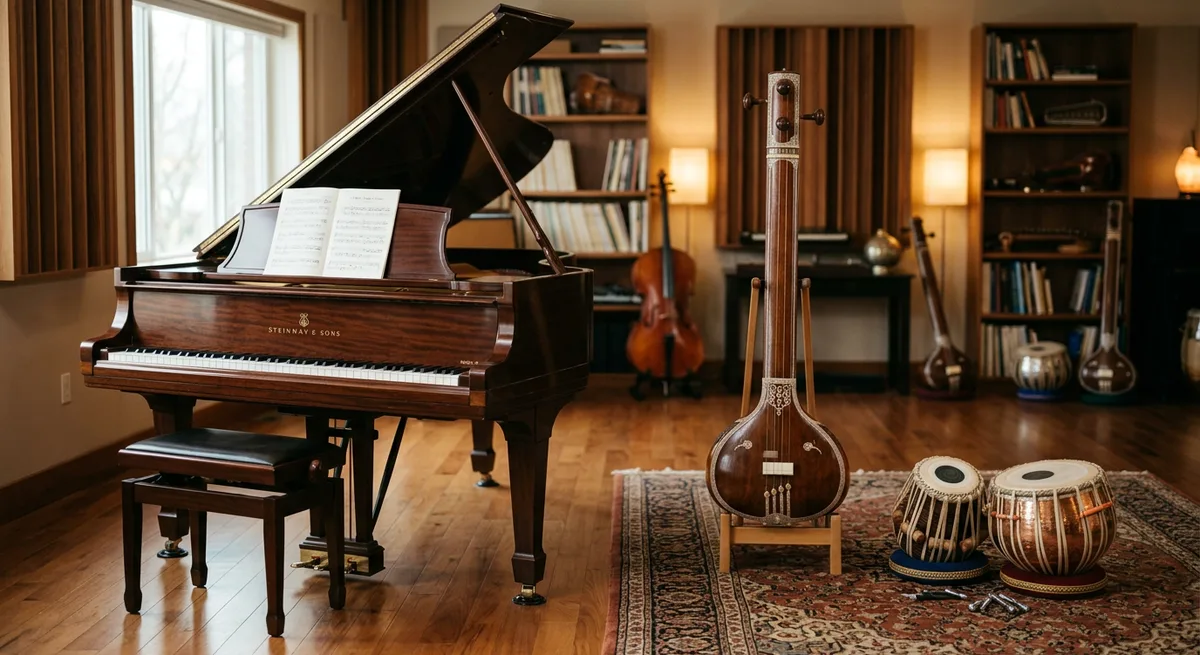 A grand piano beside classical Indian string and percussion instruments in a warm studio