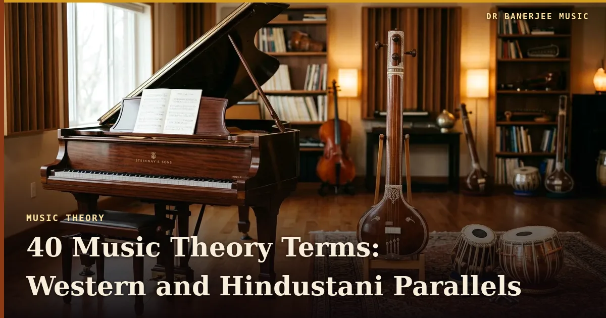 40 music theory terms, Western and Hindustani parallels - article title card in the Dr Banerjee Music house style
